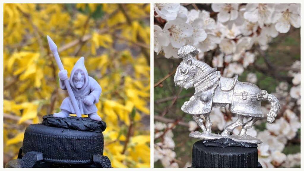 Comparison of unpainted resin and white metal wargaming miniatures