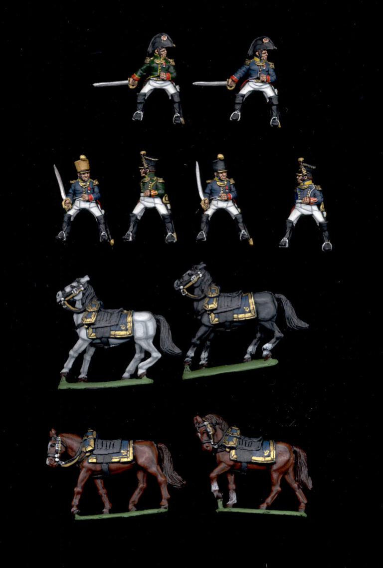 28mm Napoleonic cavalry officers miniatures and horses painted in high collectors quality for historical wargaming.