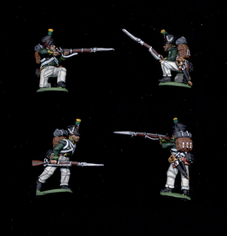Collectors quality 28mm Napoleonic infantry command group including drummer and officer miniatures painted for historical tabletop games.