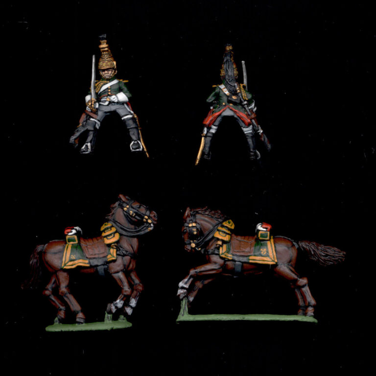 28mm Napoleonic mounted dragoon miniature in green uniform and detailed brown horses painted to collectors quality standard.