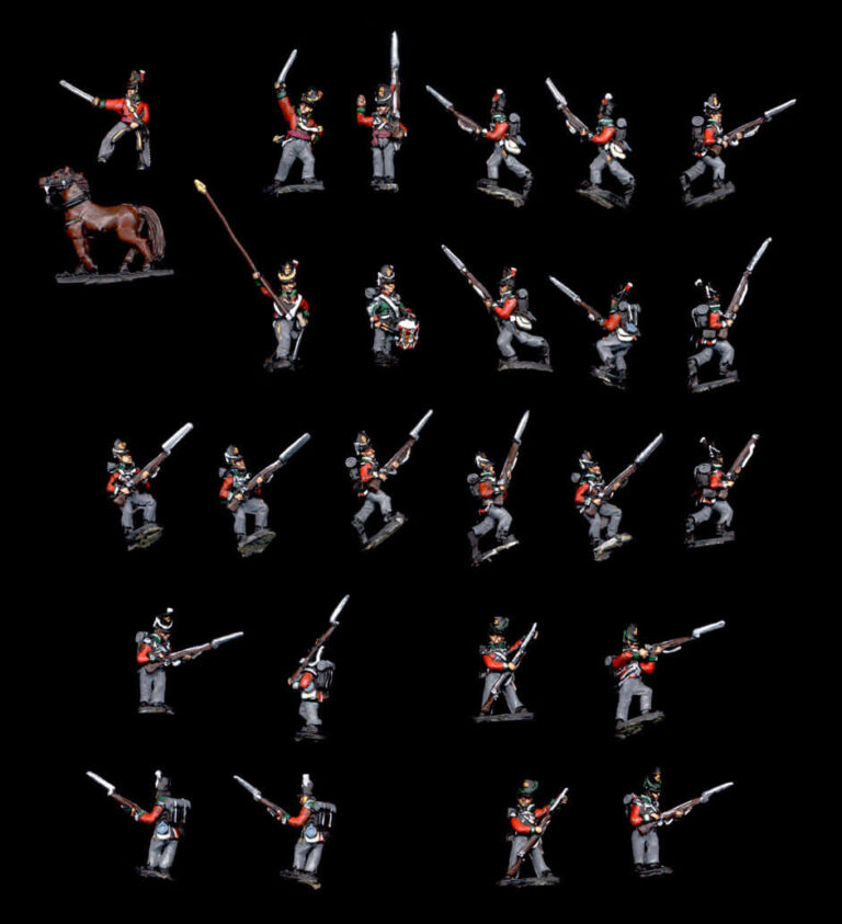 15mm Napoleonic French line infantry center company in full dress from 1815 with command group, eagle bearer, and mounted officer, painted to wargame quality.