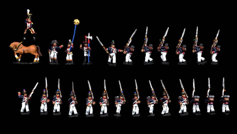 Wargame quality painted 15mm British line infantry miniatures in Belgic shakos with a mounted officer and drummer for Napoleonic wargaming.