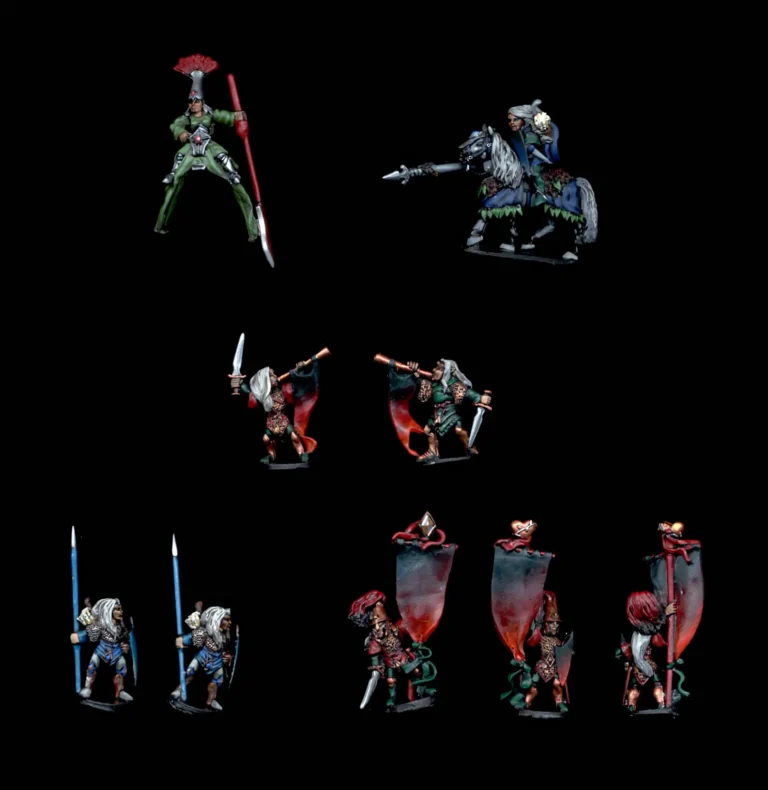 15mm High Elf command group miniatures including spearmen, hornblowers, and banner bearers painted to collectors quality.