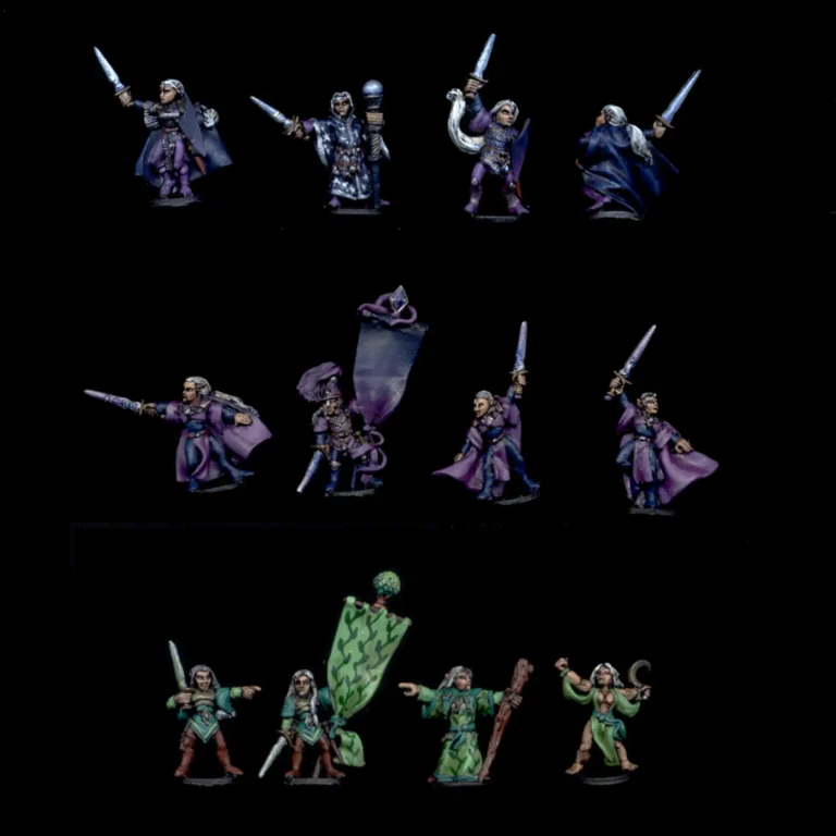 Expertly painted 15mm fantasy Dark Elves and Wood Elves miniatures with purple and green themes.