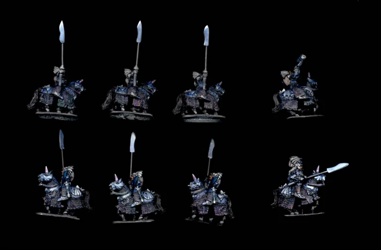 Collectors quality painted 15mm fantasy elven heavy cavalry miniatures with dark blue armor and glaives.