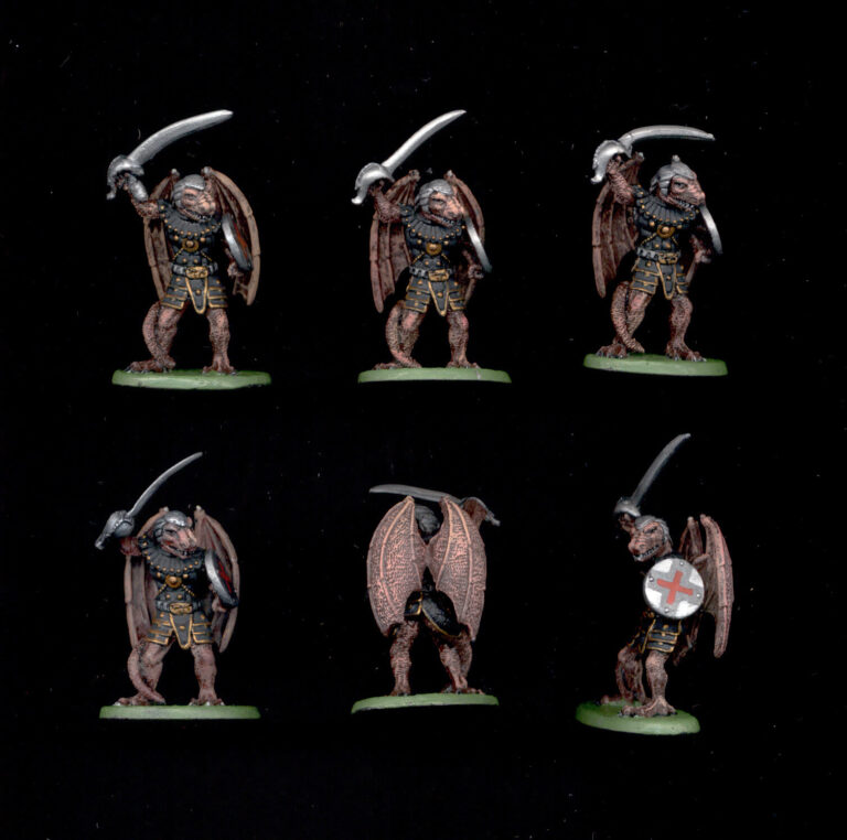 Collectors quality painted 25mm fantasy lizardmen or dragonewt miniatures with wings, swords, and shields.
