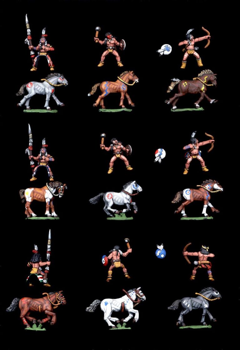 Collectors quality painted 28mm Wild West Plains Indians Mounted Young Bloods miniatures with horses and war paint.