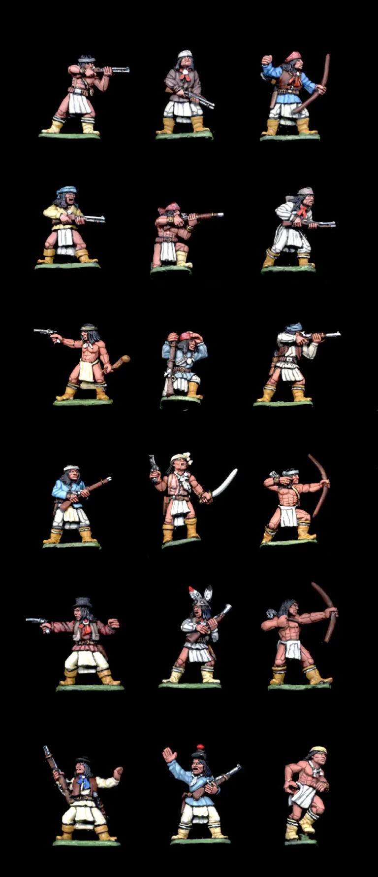 Collectors quality painted 28mm Wild West Apache Indian warriors miniatures with rifles, bows, and tomahawks.