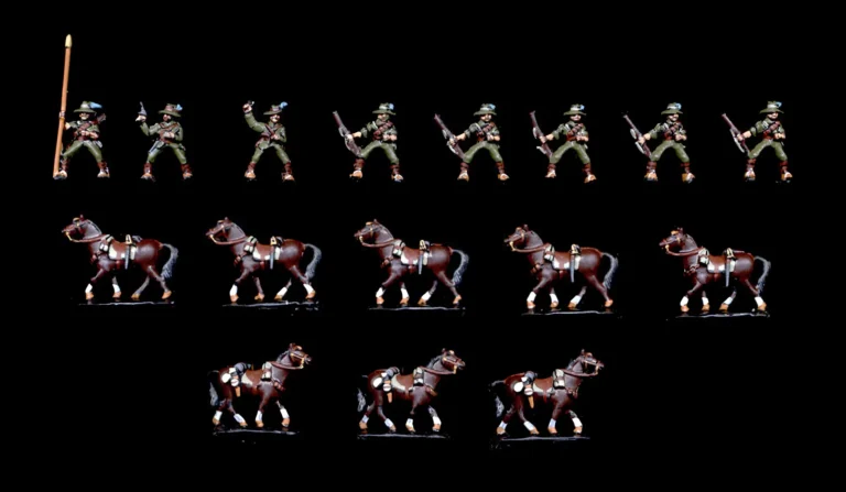 Wargame quality 15mm WW1 ANZAC Light Horsemen miniatures with rifles, command group, and horses painted for tabletop wargaming.