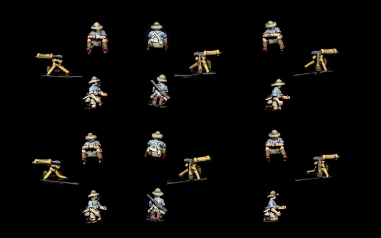 15mm WW1 British machine gun crews in sun helmets with Vickers MGs, painted to wargame quality standard.