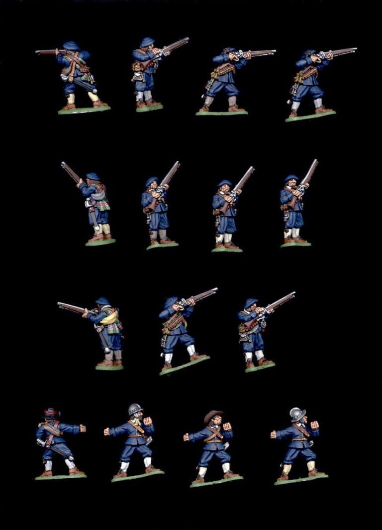 28mm English Civil War historical miniatures of Colonel Radcliffe Gerard's Battalion painted to high collectors quality with detailed blue uniforms.