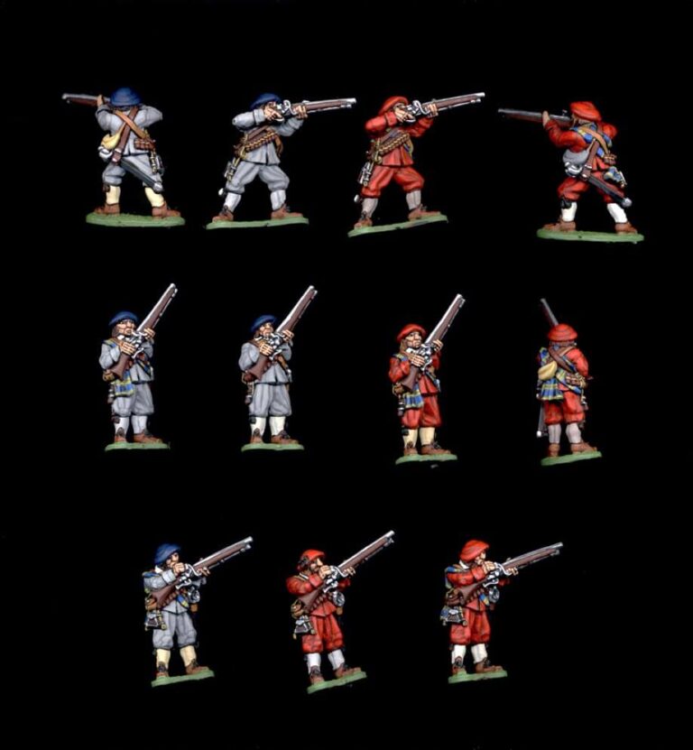 Collectors quality 28mm English Civil War miniatures showing Colonel Rhys Thomas' Battalion musketeers in red and grey uniforms.