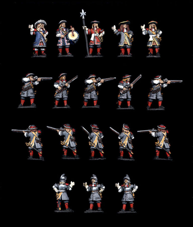 Collectors quality painted 28mm French Gardes Françaises infantry regiment miniatures with detailed blue uniforms and white lace for historical wargames.