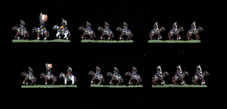 10mm Napoleonic heavy cavalry miniatures with standard bearer on strips