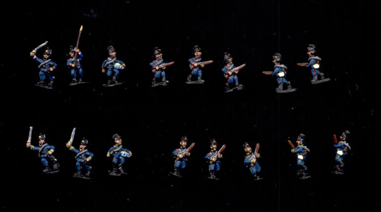 Wargame quality 15mm historical line infantry miniatures with rifles front and back view