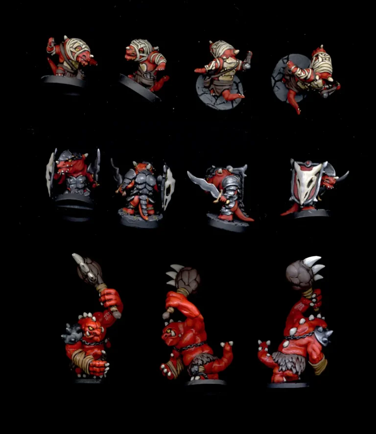 Painted 28mm Super Dungeon Explore kobolds and red ogre miniatures shown from multiple angles