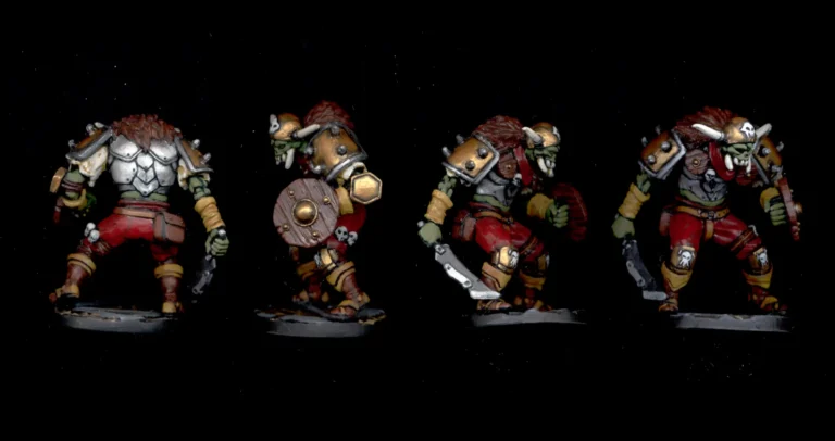Collector quality painted 28mm Orc Boss miniature from Myth board game shown from four angles