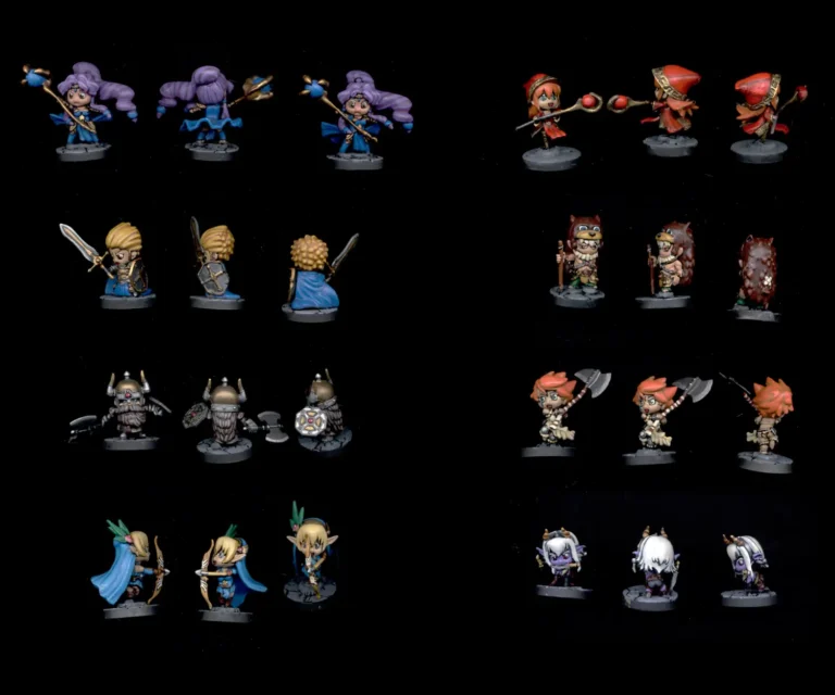 Group of 28mm painted Super Dungeon Explore hero characters in chibi style shown from multiple angles