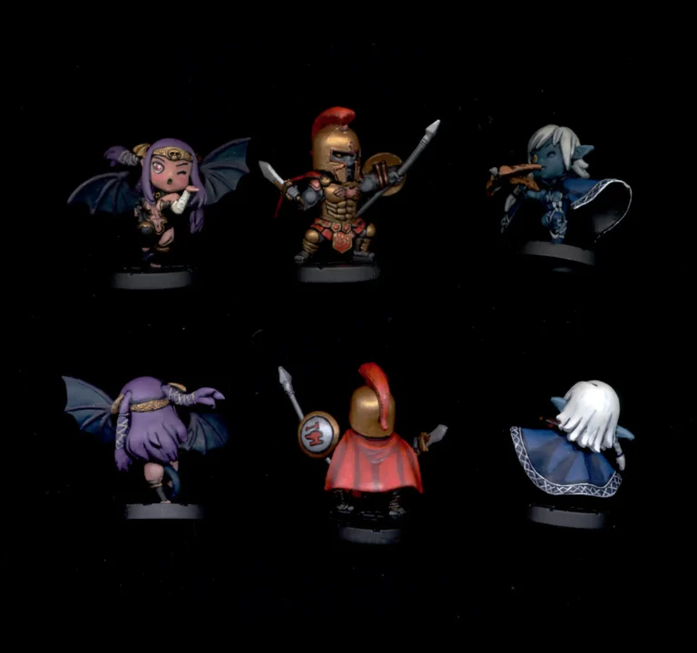 Painted 28mm Super Dungeon Explore individual heroes including a succubus, spartan warrior, and dark elf