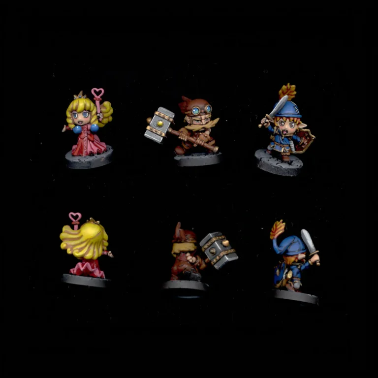 Painted 28mm Super Dungeon Explore Heroic Trio miniatures including Princess Ruby, Starguild Sapper, and Deeproot Scout