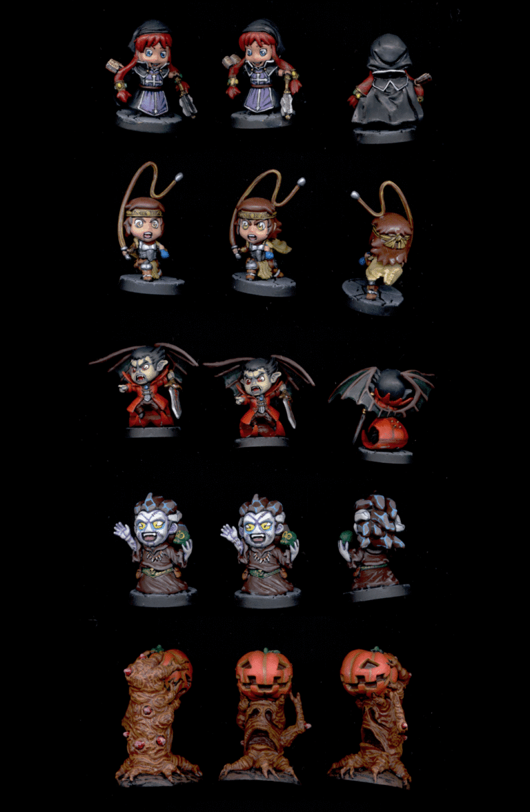 Collector quality painted 28mm Super Dungeon Explore Von Drakk Manor chibi characters shown from multiple angles