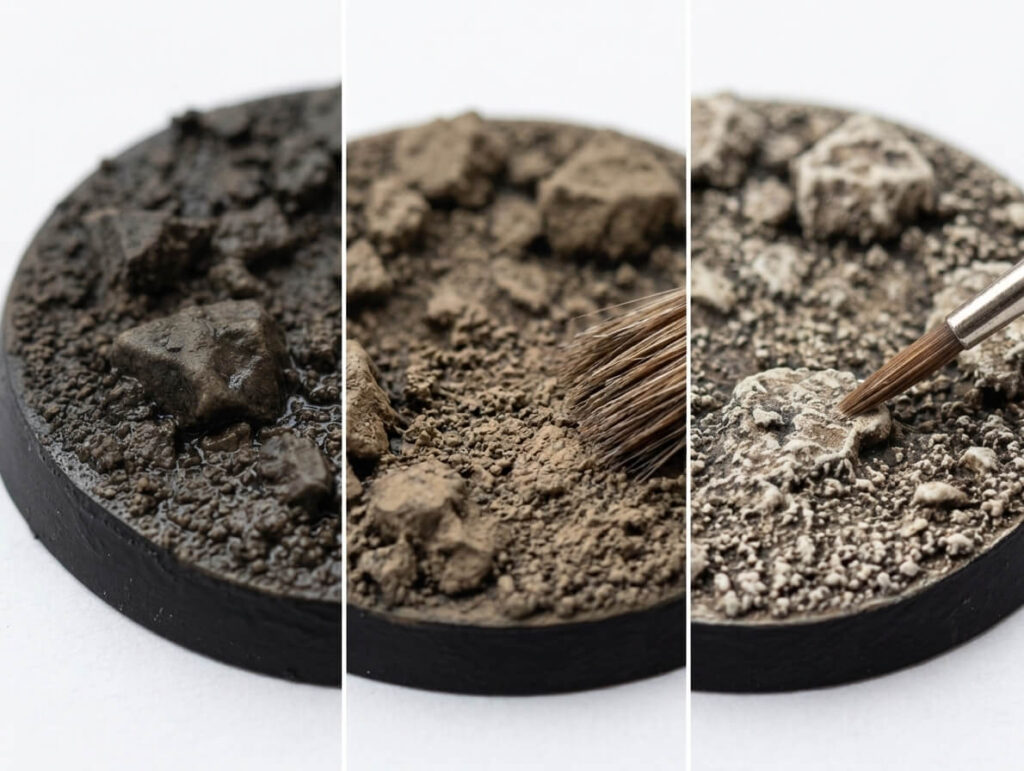 A step-by-step image guide of miniature base texturing, showing wet glue application, sand coverage, and final dry brush highlighting