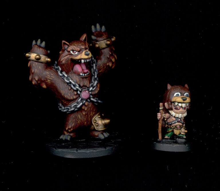 Painted 28mm Super Dungeon Explore werewolf and druid miniatures