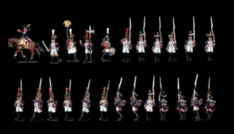 Wargame quality painted 15mm French line infantry marching miniatures set with mounted officer, eagle bearer, and command group.