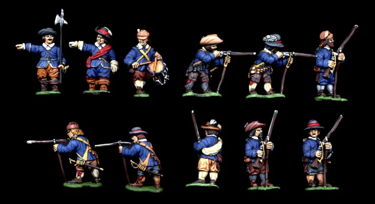 Collector's quality painted 25mm English Civil War foot musketeers miniatures in firing and loading poses.