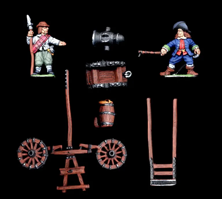 Collector's quality painted 25mm English Civil War mortar with crew and equipment miniatures set.