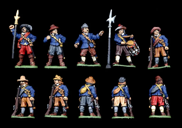 Collector's quality painted 25mm English Civil War musketeers regiment miniatures set with command figures.