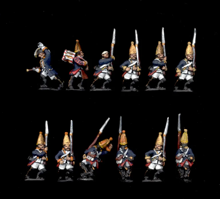 Wargame quality painted 15mm Hesse-Kassel grenadiers miniatures in blue uniforms with brass mitre caps.