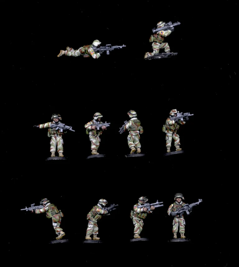 Collector's quality painted 28mm Modern US Infantry miniatures set in 3-color desert camouflage with rifles and heavy weapons.
