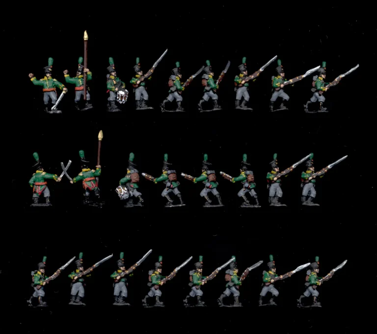 Wargame quality painted 15mm Dutch-Belgian Jagers light infantry miniatures set in green uniforms with command group.