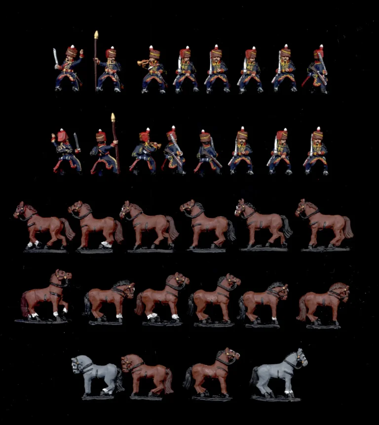Wargame quality painted 15mm Hanoverian hussars cavalry miniatures set with separate riders and horses.