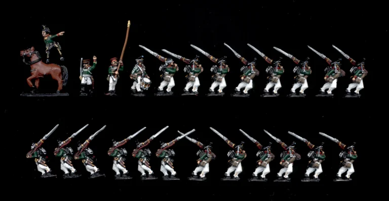 Wargame quality painted 15mm Russian line infantry musketeers marching miniatures set with mounted officer and command group.