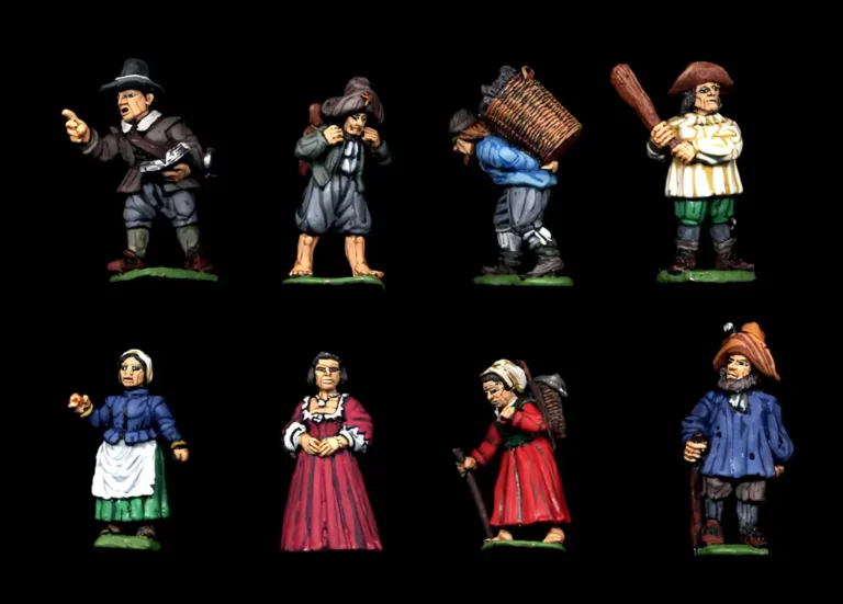Collector's quality painted 25mm English Civil War civilians and armed villagers miniatures set.