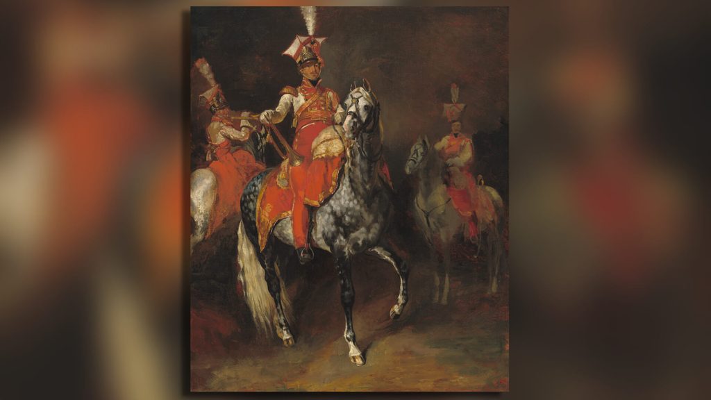 Théodore Géricault’s Mounted Trumpeters of Napoleon’s Imperial Guard (1813–1814), depicting mounted trumpeters riding grey horses.