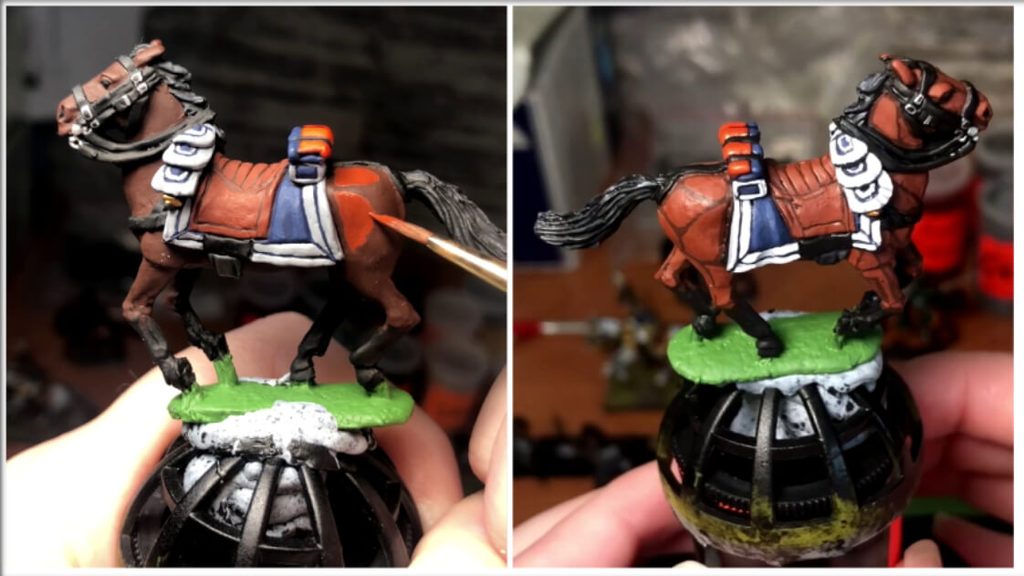Before-and-after comparison of highlighting a brown horse miniature, showing the painting process and finished highlights on the body.